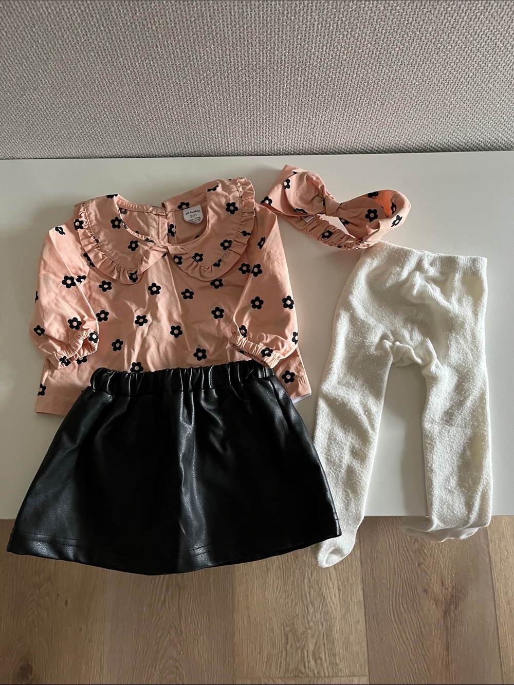 Petit Lem PL Baby Pink Floral Ruffle Collar Blouse, pleather skirt and Access